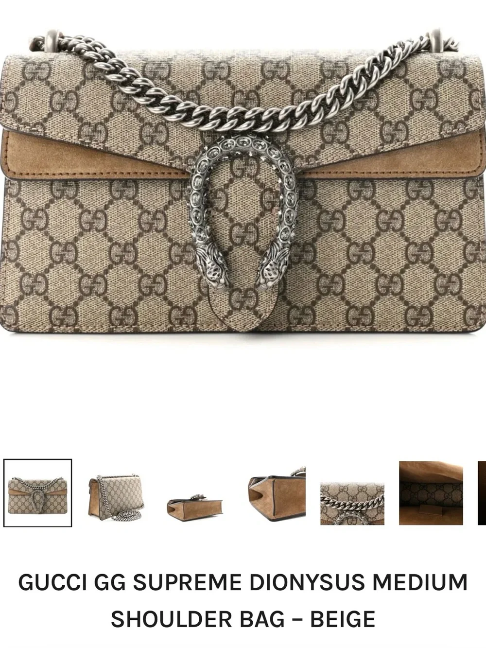 Gucci Beige GG Supreme Dionysus Shoulder Bag with Brown Suede Trim